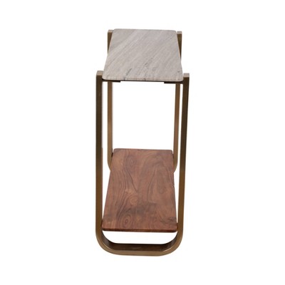 Gold and White Marble Console Table with Wooden Shelf