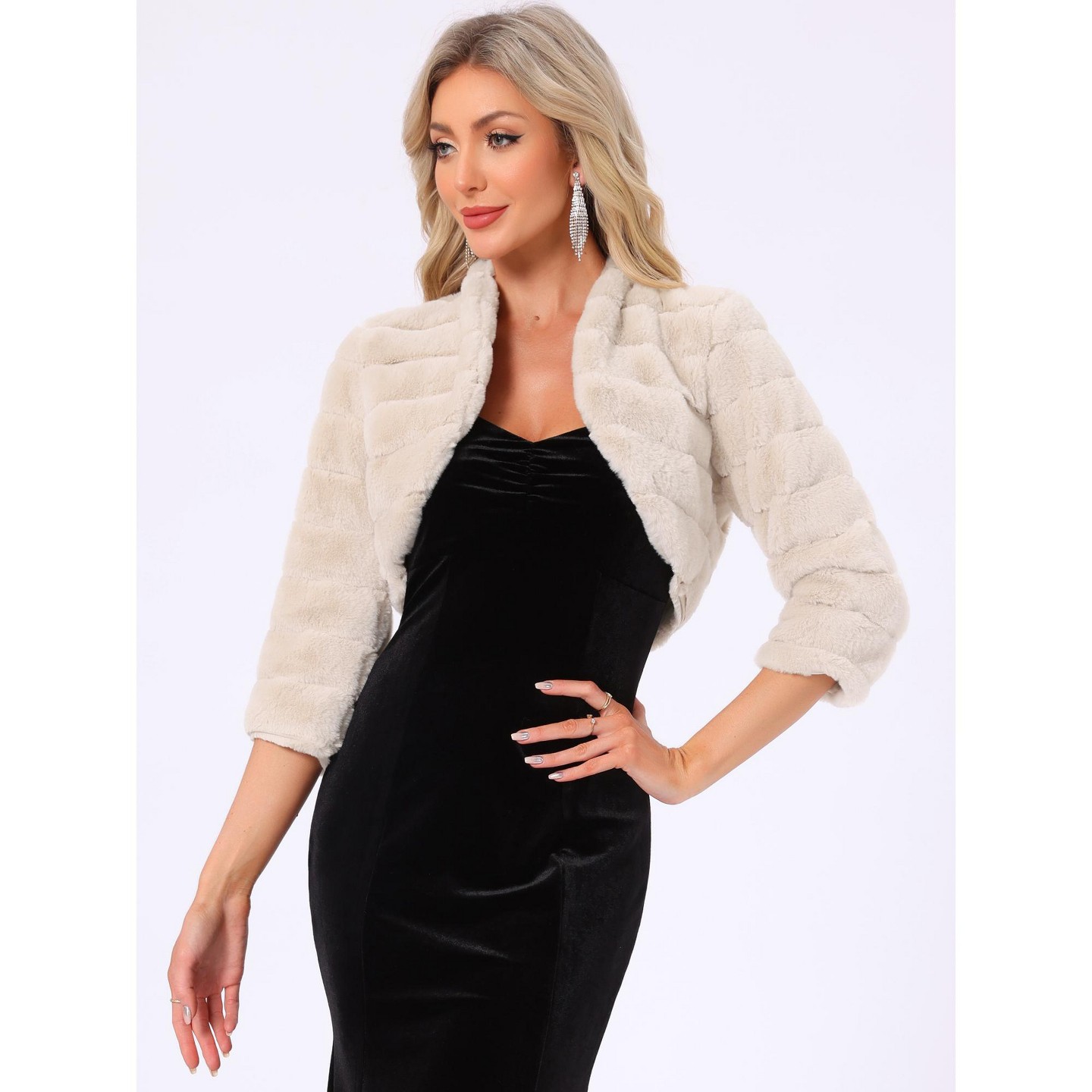 Женская куртка INSPIRE CHIC Open Front 3/4 Sleeve Faux Fur Cropped Jacket Small Beige, цвет: Бежевый — фото 5