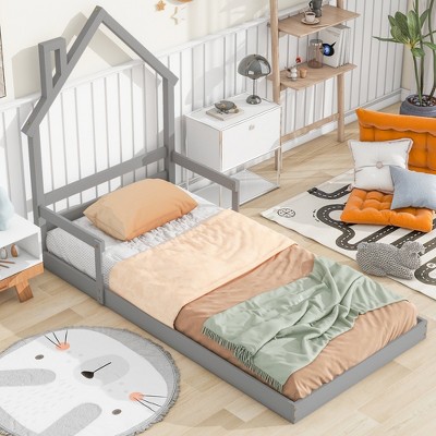 Montessori Floor Bed, House Shaped Bedframe with Headboard and handrails