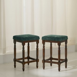 Rustic Wooden Counter Stools Set of 2 with Padded Seat, Nailhead Trim, and Turned Legs for Kitchen, Dining Room, or Bar - 1 of 4