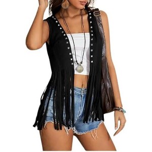 Women's Vest Studded Tassel Outerwear Open Front Sleeveless Faux Suede Vest - 1 of 4