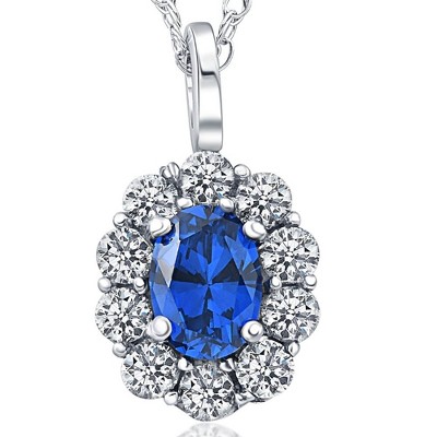 Pompeii3 2 ct Oval Created Blue Sapphire & Genuine Diamond Halo Pendant 14K White Gold