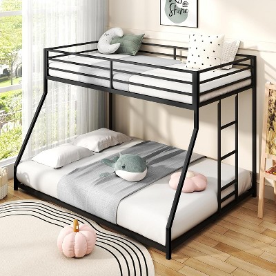 Zevemomo Twin Over Full Size Bunk Bed, Metal Low Profile Bunkbeds with Full-Length Guardrail and Ladder, Space Saving, No Boxing Spring Needed, Black