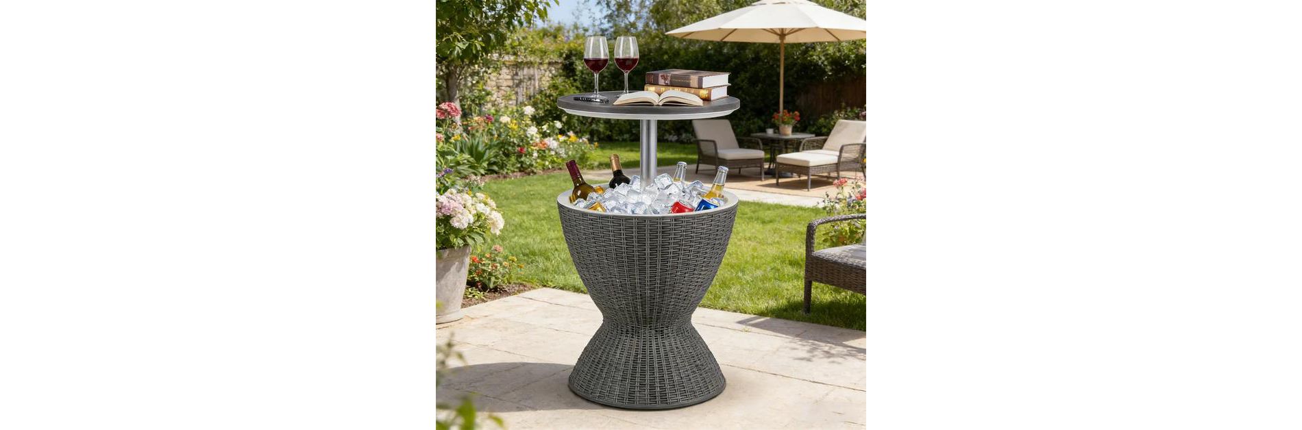 Outdoor Rattan Bar Table with Extendable Tabletop, 8 Gal Ice Cooler with Drainage Hole for Pool Party, BBQ, Camping, Patio, Deck, Backyard