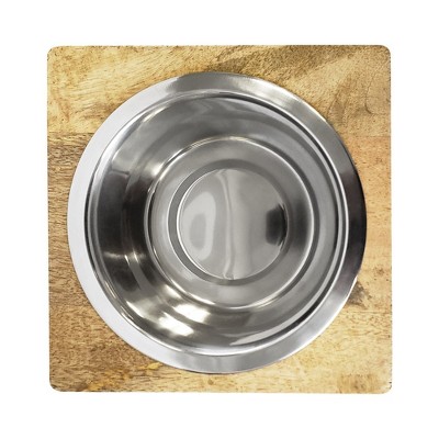 Elegant Stainless Steel Dog Bowl with Square Mango Wood Holder (1 Quart)
