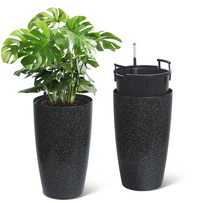 Set of 2 Large 22" Round Self-Watering Planters with Drainage & Water Monitor for Indoor/Outdoor Use