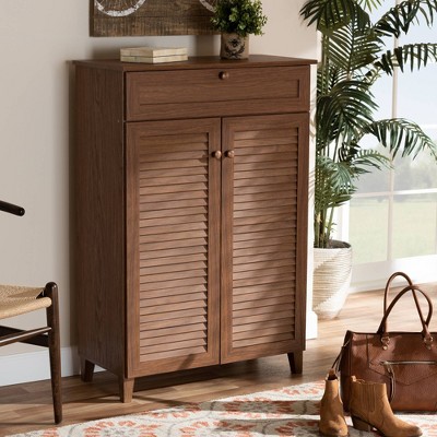 Walnut Finished 5-Shelf Wood Shoe Storage Cabinet with Drawer