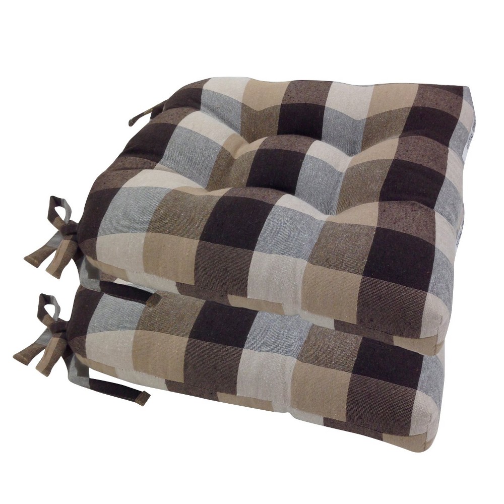 Photos - Pillow Chocolate Buffalo Check Woven Plaid Chair Pads with Tiebacks  (Set Of 4)