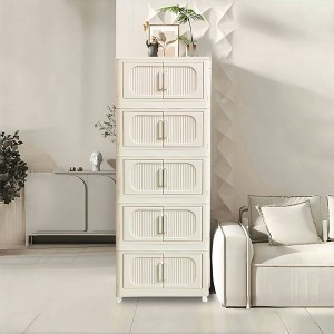 SKRAN Side Wide Folding Storage Cabinet,Multi-layer Closet organizers,Plastic Storage Bins with Magnetic Door and Wheels,Cream White B - 1 of 4