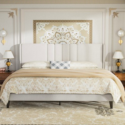 COMHOMA King Bed Frame, Upholstered Platform Bed with Headboard Wingback, Soft Line Fabric, No Box Spring Needed, Ivory White