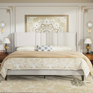 COMHOMA King Bed Frame, Upholstered Platform Bed with Headboard Wingback, Soft Line Fabric, No Box Spring Needed, Ivory White - 1 of 4