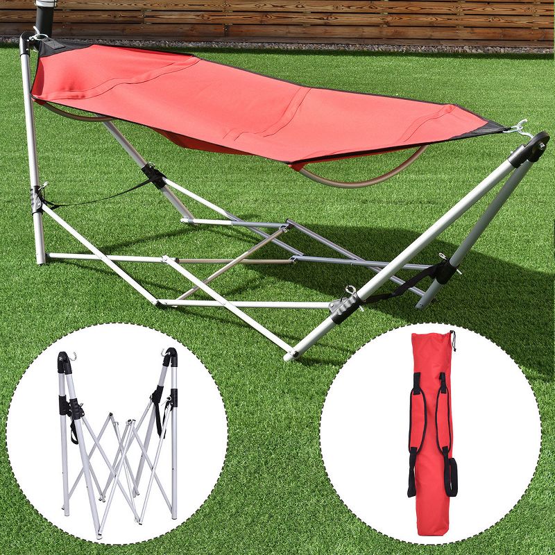 Costway Red Portable Folding Hammock Lounge Camping Bed Steel Frame Stand W/Carry Bag, 1 of 11