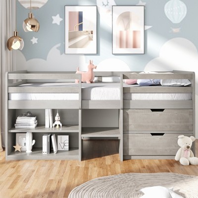 Whisen Modern Design Twin Size Loft Bed with Two Shelves and Two Drawers