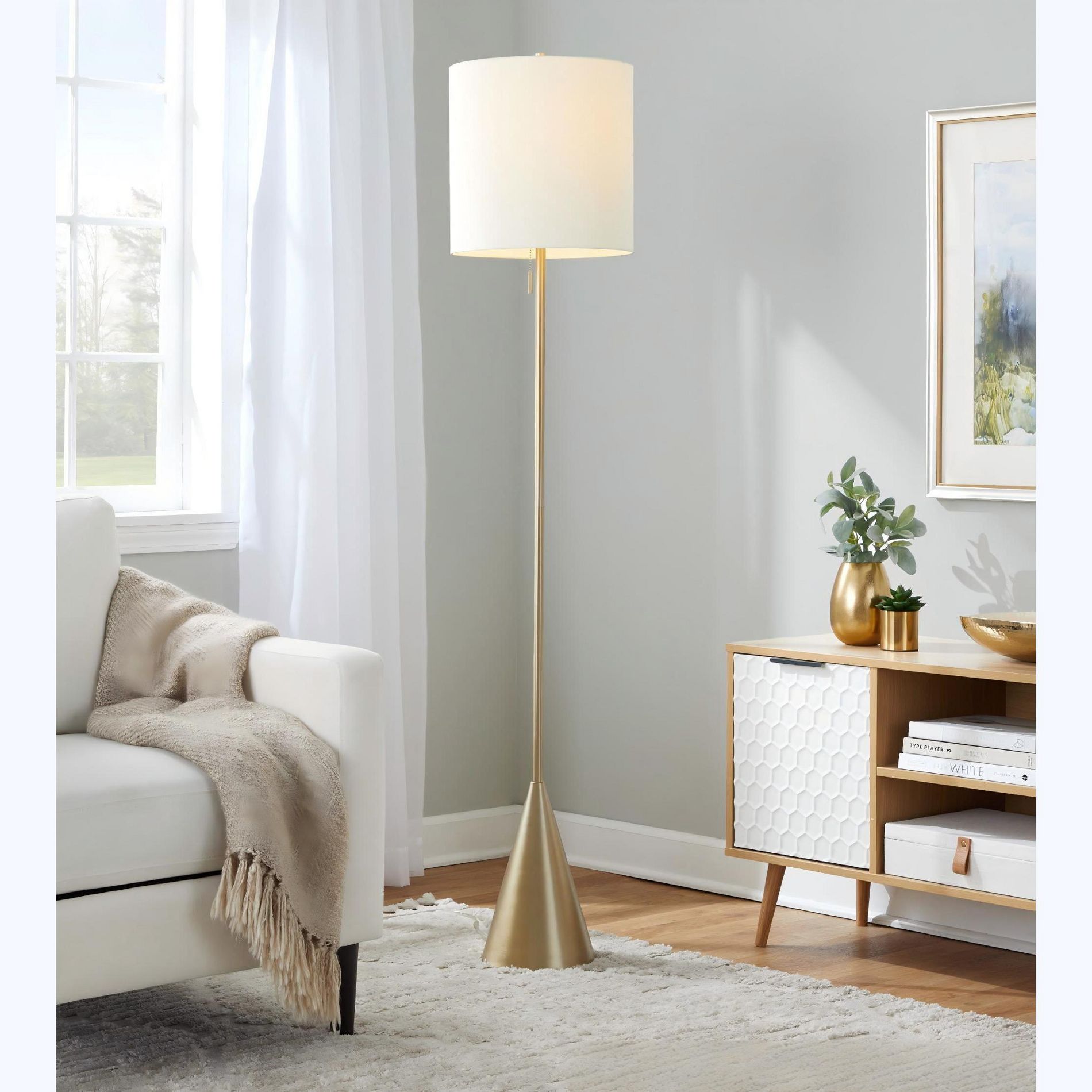 64" Contemporary Floor Lamp with Drum Shade, White Linen, Pull Chain Switch, Requires 60W Bulb, UL Listed, for Living Room or Reading Nook