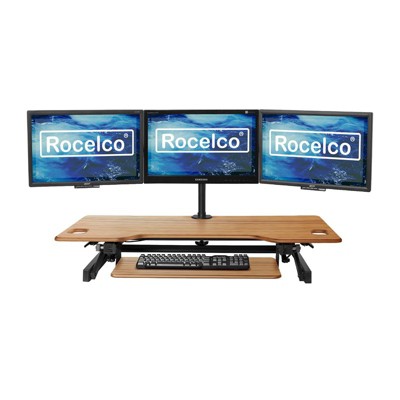 Teak Laminated 46" Wide Adjustable Desk Converter with Triple Monitor Support