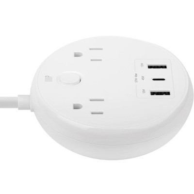 Compact White USB-C Power Strip with 2 Outlets and 57W 3 USB Ports