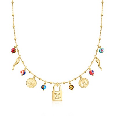 Ross-Simons Italian 18kt Gold Over Sterling Charm Necklace With Multicolored Murano Glass Beads. 18 inches