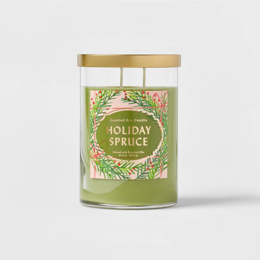 (one lid is crushed a little) 21.5oz Lidded Glass Jar 2-Wick Holiday Spruce Woodsy Candle - Opalhouse