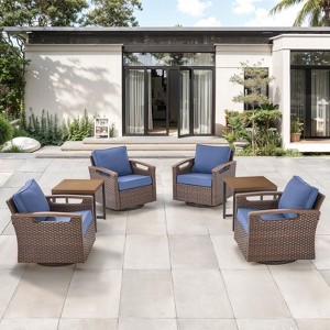 Belord Swivel Patio Chairs Swivel Rocker Set of 4 with 2 Side Tables, Brown Wicker Metal Armrest Small Patio Furniture Set Swivel Glider Chairs - 1 of 4