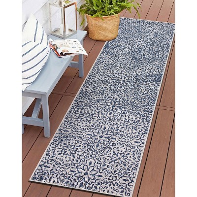 Blue Reversible Synthetic Floral Indoor/Outdoor Runner Rug