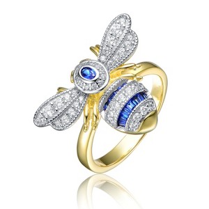 Guili Elegant Sterling Silver 14K Yellow Gold-Plated Wasp Ring with Sapphire Cubic Zirconia Pave for a Bold, Sparkling Statement. Sizes 6-8. - 1 of 3