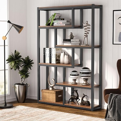 69" Walnut and Black Industrial 6-Tier Bookshelf with Staggered Shelves