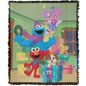 Sesame Street Furry Friends Forever Elmo Abby Cookie Monster Presents Blanket 50"x60" Woven Tapestry - 1 of 4