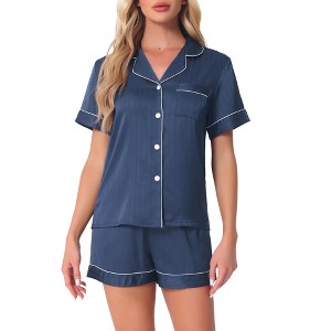 cheibear Women's Silky Satin Button Down Shirt with Shorts Sleepwear Pajama Sets - 1 of 4