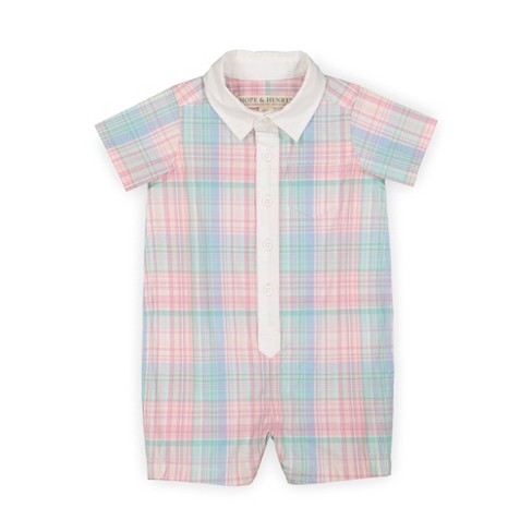 Hope & Henry Baby Poplin Button Front Romper (rainbow Plaid, 0-3