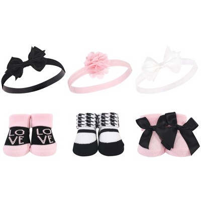 Hudson Baby Infant Girl Headband and Socks Giftset 6pc, Pink Black Love, One Size