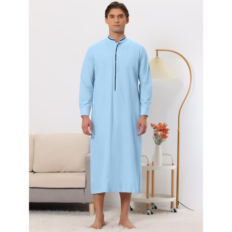 Lars Amadeus Men's Contrast Color Stand Collar Long Sleeves Button Nightgown, 2 of 6