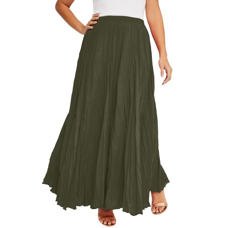 Jessica London Women's Plus Size Elastic Waist Cotton Flowing Maxi Crinkled Skirt, 1 of 2