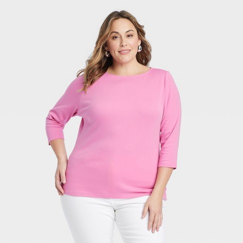 Women's Slim Fit Long Sleeve Knit Satin Scoop T-shirt - A New Day™ Pink Xl  : Target