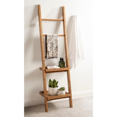 Rustic Brown Solid Wood Ladder Shelf with Two Tiers
