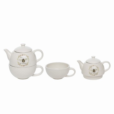 Transpac Dolomite 6" White Spring Tea for One Pot and Mug Stacker Set of 2