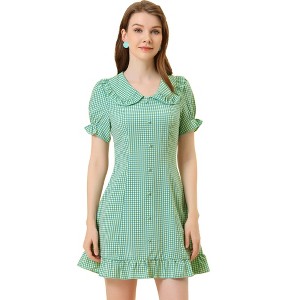 INSPIRE CHIC Women's Plaid Gingham Puff Sleeve Ruffle Peter Pan Collar Vintage Dress - 1 of 4