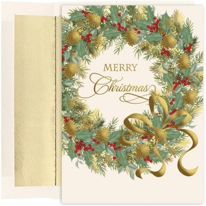 Masterpiece Studios Holiday Collection 15-Count Boxed Embossed Christmas Cards with Foil-Lined Envelopes, 7.8" x 5.6", Traditional Wreath (893800) - 1 of 2