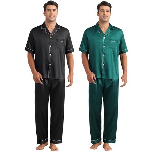 INSPIRE CHIC Men's 2 Pack Satin Pajamas Sets Classic Short Sleeve Sleepwear - 1 of 4