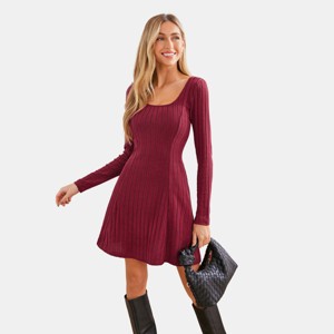 Women's Burgundy Elegant Ribbed Square Neck Knit Dress - Cupshe - 1 of 4