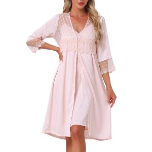 INSPIRE CHIC Women's Silky Satin Lace 3/4 Sleeve Camisole Nightgown and 3/4 Sleeve Robe Set - 1 of 4