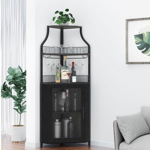 Corner Bar Cabinet, Modern Wine Cabinet with Storage Shelves & Mesh Door, Home Bar Liquor Storage Cabinet with Glass Rack for Dining Room - 1 of 4