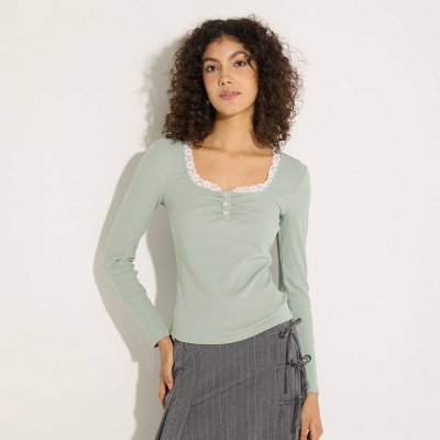 Women's Ribbed Lace Trim Square Neck Henley - Wild Fable™