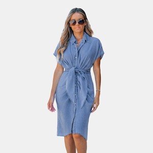 Women's Denim Collared Button Up Dolman Sleeve Midi Dress - Cupshe - 1 of 4