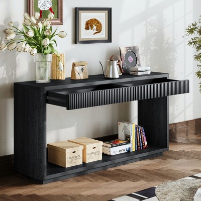 60'' Fluted Console Table with 2 Drawers & Open Shelf,Modern Veneer Sofa Table for Entryway,Living Room,Hallway-Baofuwish