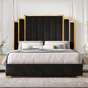 AMERLIFE Upholstered Bed, Modern Velvet Bed Frame with 61.4" Tall Gold Trim Headboard - 1 of 4