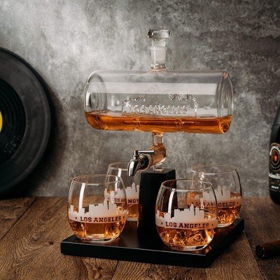 Los Angeles Skyline Glass Decanter Set with Mahogany Base