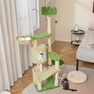 Green Multi-Level Cat Tree with Sisal Scratching Posts and Hammocks