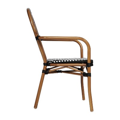 Black and White Wicker Rattan Bistro Dining Chair with Brown Frame