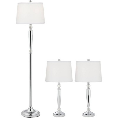 Barnes and Ivy Derby Collection Traditional 3-Piece Floor and Table Lamp Set Silver Chrome Finish Metal White Shade Living Room Bedroom Bedside