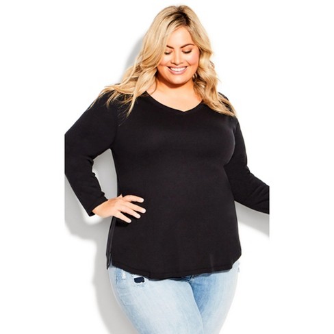 Avenue  Women's Plus Size V Neck Essential 3/4 Sleeve Tee - Black